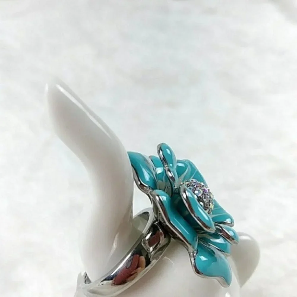 Blue Flower Statement Chunky Ring Stainless Steel Nickel Free Hypoallergenic